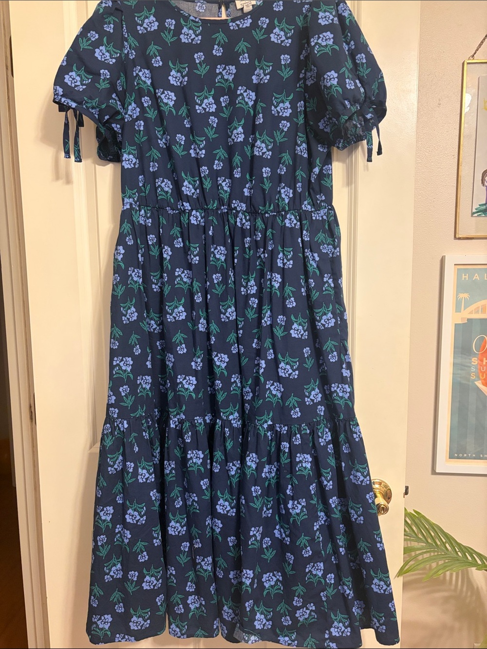 J. Crew Navy Blue Floral Midi Dress with Puff Sleeves